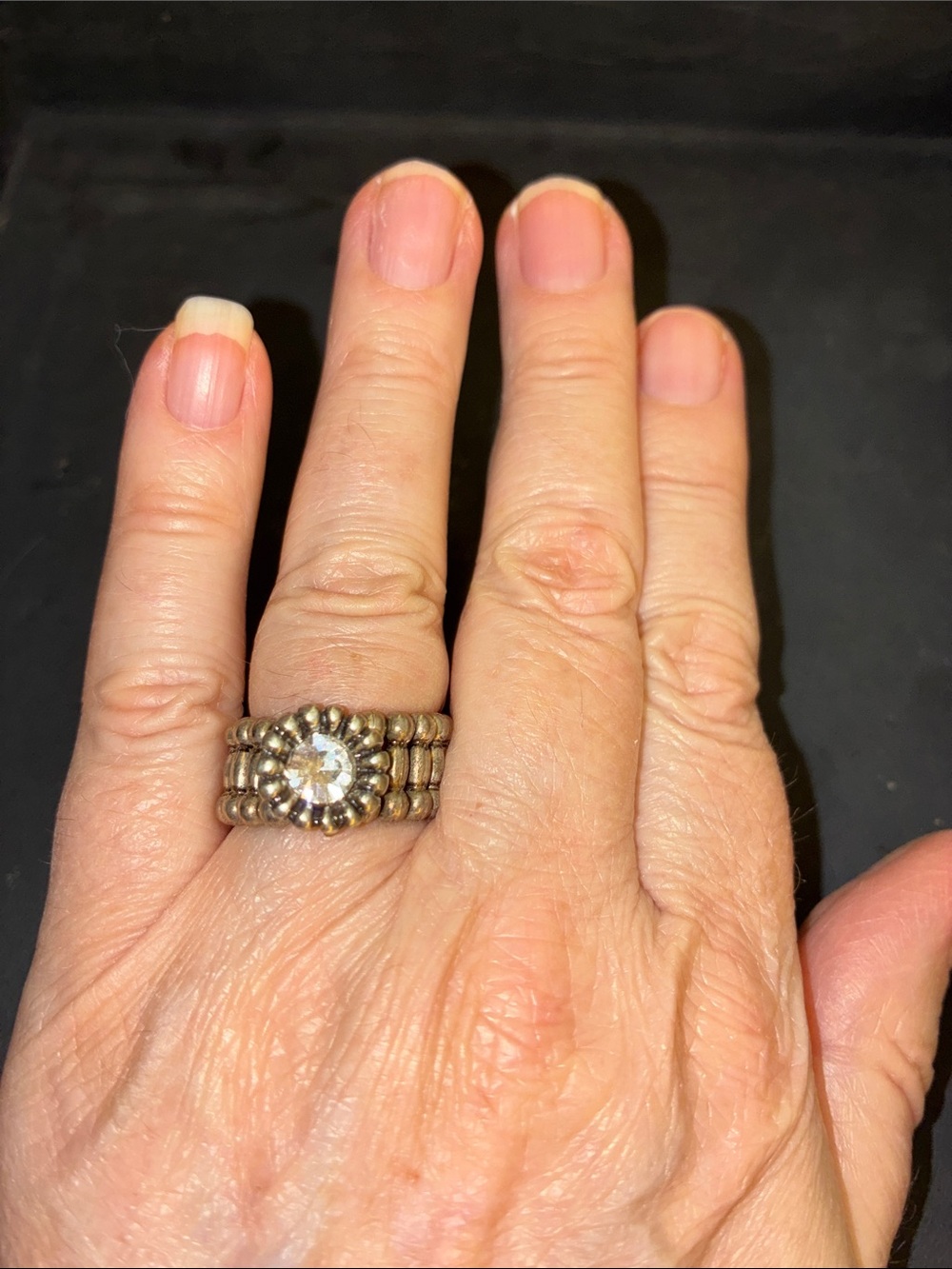 Stacked Silver-Tone Beaded Stretch Ring with Clear Center Stone